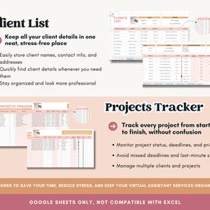 Pode incluir: Imagem de marketing digital mostrando um modelo de lista de clientes e rastreador de projetos para Google Sheets. A imagem apresenta planilhas com esquemas de cores rosa e branco, juntamente com texto descrevendo os benef&iacute;cios de usar os modelos.