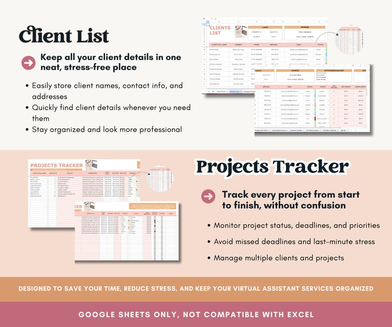 Pode incluir: Imagem de marketing digital mostrando um modelo de lista de clientes e rastreador de projetos para Google Sheets. A imagem apresenta planilhas com esquemas de cores rosa e branco, juntamente com texto descrevendo os benef&iacute;cios de usar os modelos.