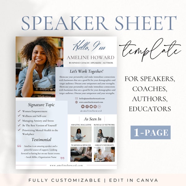 Speaker Sheet Canva Template, Professional Speaker Sheet, Author Media Kit, Keynote Speaker, Life Coach Poster, Business Coach Template
