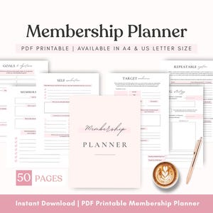 Op de afbeelding: Een roze en witte printbare lidmaatschaps planner met de tekst "Membership Planner" en "50 Pages". De planner is ontworpen om u te helpen uw lidmaatschapsbedrijf te organiseren, inclusief doelen, leden, zelfreflectie, doelgroep en marketingstrategie.