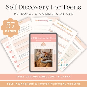 Op de afbeelding: Een digitaal zelfontdekkingsdagboek voor tieners, weergegeven op een tablet en gedrukte pagina's. Het dagboek bevat prompts voor zelfbewustzijn en mentale gezondheid, met de tekst "Self Discovery For Teens" en "57 Pages".