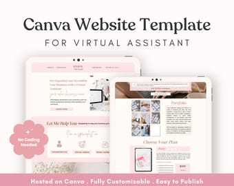 Modelo de site Canva para assistentes virtuais, design moderno rosa.