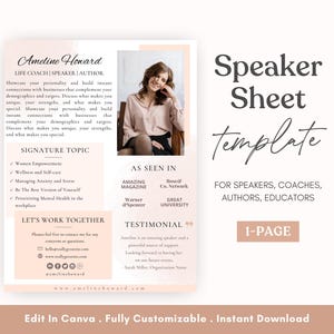 Speaker Sheet Canva Template, Professional Speaker Sheet, Author Media Kit, Keynote Speaker, Life Coach Poster