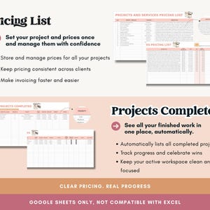 Pode incluir: Um documento digital intitulado "Pricing List" com marcadores que descrevem o gerenciamento de pre&ccedil;os de projetos. A imagem tamb&eacute;m mostra planilhas rotuladas como "Projects Completed" e "Projects and Services Pricing List". O texto diz "Clear Pricing. Real Progress."