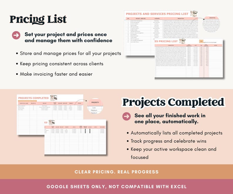 Pode incluir: Um documento digital intitulado "Pricing List" com marcadores que descrevem o gerenciamento de pre&ccedil;os de projetos. A imagem tamb&eacute;m mostra planilhas rotuladas como "Projects Completed" e "Projects and Services Pricing List". O texto diz "Clear Pricing. Real Progress."