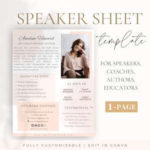 Speaker Sheet Canva Template, Professional Speaker Sheet, Author Media Kit, Keynote Speaker, Life Coach Poster