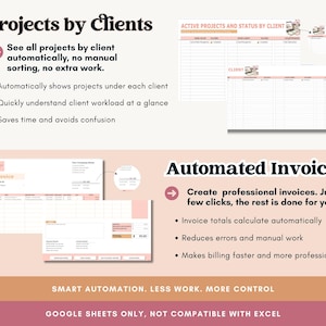 Pode incluir: Gr&aacute;fico de marketing digital com o texto &laquo;Projetos por clientes&raquo; e &laquo;Fatura automatizada&raquo;. A imagem mostra exemplos de folhas de c&aacute;lculo e faturas. O texto destaca recursos como exibi&ccedil;&atilde;o autom&aacute;tica de projetos e cria&ccedil;&atilde;o de faturas.