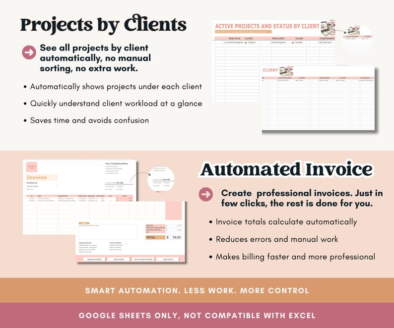 Pode incluir: Gr&aacute;fico de marketing digital com o texto &laquo;Projetos por clientes&raquo; e &laquo;Fatura automatizada&raquo;. A imagem mostra exemplos de folhas de c&aacute;lculo e faturas. O texto destaca recursos como exibi&ccedil;&atilde;o autom&aacute;tica de projetos e cria&ccedil;&atilde;o de faturas.
