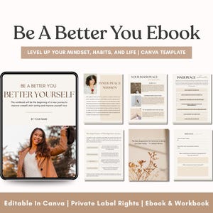 Puede incluir: Una portada de ebook digital con fondo beige y el título "Be A Better You Ebook". La portada presenta a una mujer con una chaqueta marrón y una foto de un bosque. El texto "Level Up Your Mindset, Habits, and Life | Canva Template" está debajo del título. El ebook es editable en Canva e incluye derechos de etiqueta privada.