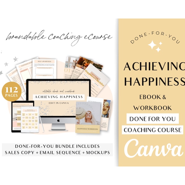 Happiness ebook Workbook, Done For You, Editable Canva Templates, Workbook Template, Done For You, Lead Magnet, Happiness Journal