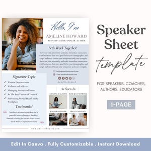 Speaker Sheet Canva Template, Professional Speaker Sheet, Author Media Kit, Keynote Speaker, Life Coach Poster, Business Coach Template