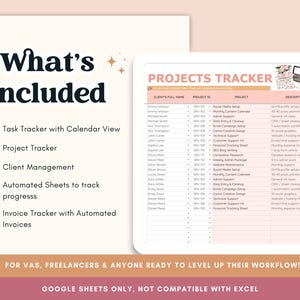 Pode incluir: Um modelo digital de rastreamento de projetos com um design rosa e branco. A imagem inclui o texto "What's Included" e lista recursos como rastreamento de tarefas, rastreamento de projetos, gerenciamento de clientes, planilhas automatizadas e rastreamento de faturas. O texto tamb&eacute;m afirma que o modelo &eacute; para o Google Sheets.