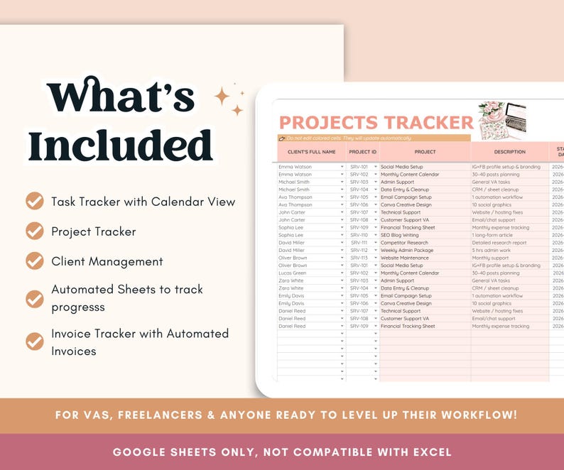 Pode incluir: Um modelo digital de rastreamento de projetos com um design rosa e branco. A imagem inclui o texto "What's Included" e lista recursos como rastreamento de tarefas, rastreamento de projetos, gerenciamento de clientes, planilhas automatizadas e rastreamento de faturas. O texto tamb&eacute;m afirma que o modelo &eacute; para o Google Sheets.