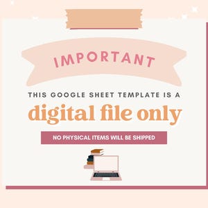 Pode incluir: An&uacute;ncio de arquivo digital com a palavra "IMPORTANT" em rosa em uma faixa. O texto "THIS GOOGLE SHEET TEMPLATE IS A digital file only" &eacute; exibido. Um laptop e livros est&atilde;o na parte inferior. Nenhum item f&iacute;sico ser&aacute; enviado.