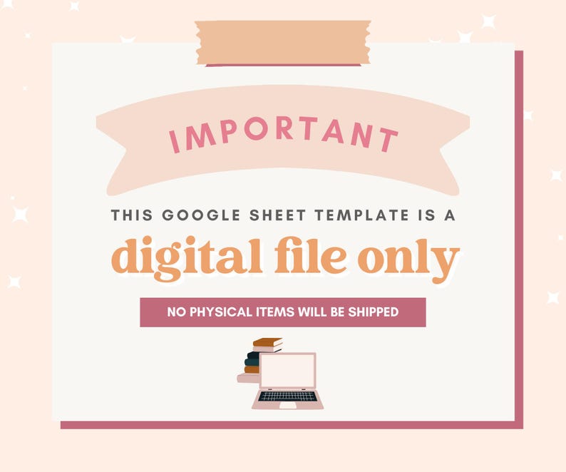 Pode incluir: An&uacute;ncio de arquivo digital com a palavra "IMPORTANT" em rosa em uma faixa. O texto "THIS GOOGLE SHEET TEMPLATE IS A digital file only" &eacute; exibido. Um laptop e livros est&atilde;o na parte inferior. Nenhum item f&iacute;sico ser&aacute; enviado.