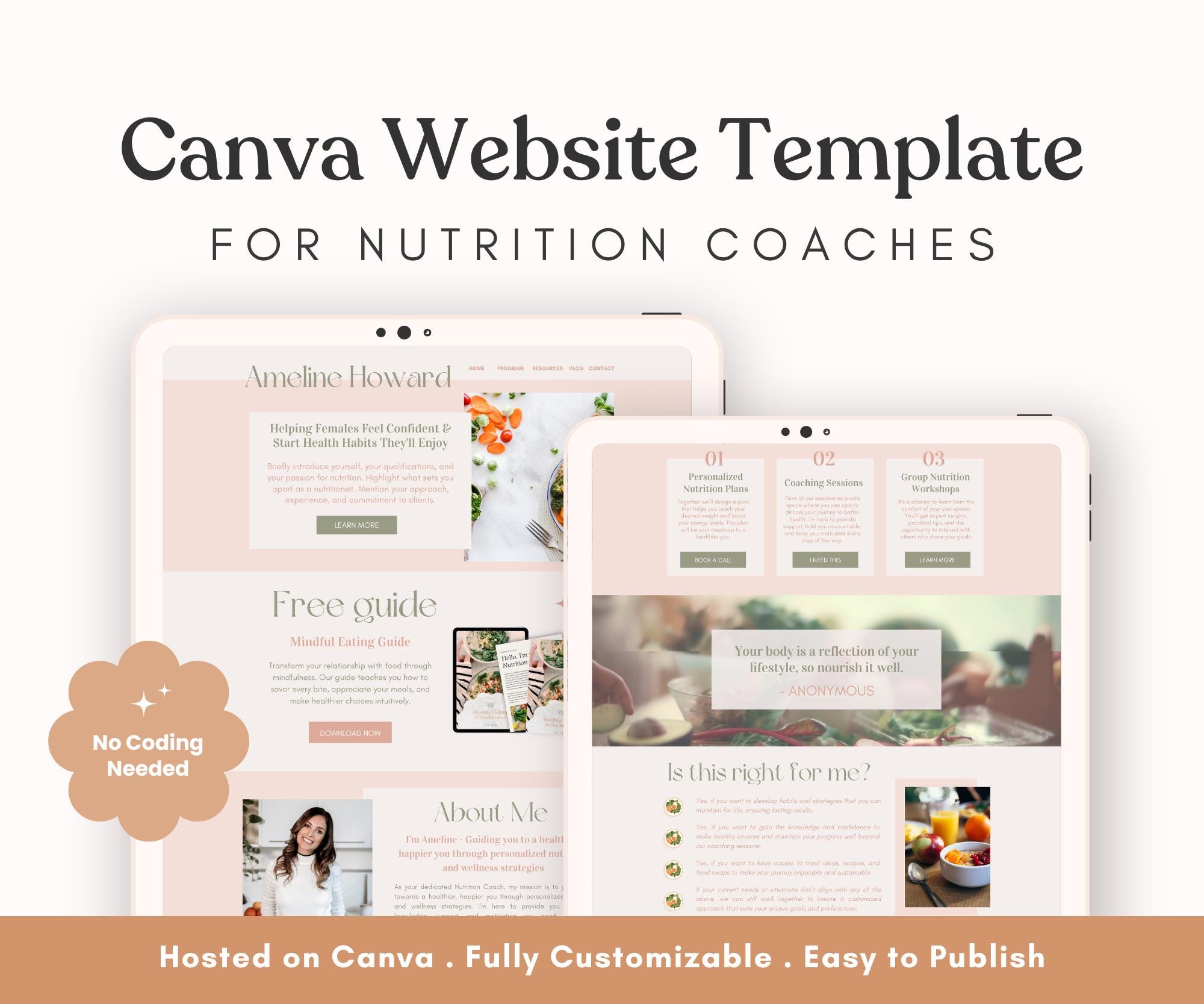 Canva Website For Coaches, Nutrition Coach, Nutritionist Website Template,  Wellness Coach Website Template, Template For Health Coach