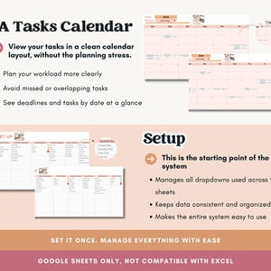Pode incluir: Um calend&aacute;rio digital de tarefas de VA com um layout limpo. A imagem mostra visualiza&ccedil;&otilde;es de calend&aacute;rio, instru&ccedil;&otilde;es de configura&ccedil;&atilde;o e exemplos de planilhas. O texto inclui "View your tasks", "Plan your workload" e "Google Sheets Only."