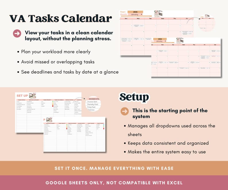Pode incluir: Um calend&aacute;rio digital de tarefas de VA com um layout limpo. A imagem mostra visualiza&ccedil;&otilde;es de calend&aacute;rio, instru&ccedil;&otilde;es de configura&ccedil;&atilde;o e exemplos de planilhas. O texto inclui "View your tasks", "Plan your workload" e "Google Sheets Only."