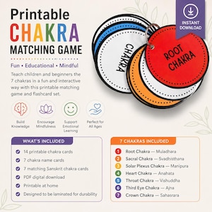 May include: Printable Chakra Matching Game with colorful chakra cards. Includes 14 printable chakra cards, 7 chakra name cards, and 7 Sanskrit chakra cards. The game is designed to be laminated for durability and is perfect for all ages.