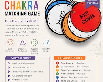 Juego imprimible para niños sobre los chakras / Tarjetas didácticas de los 7 chakras en PDF / Actividad de atención plena para la educación en casa