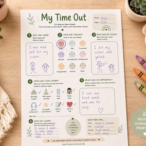 Puede incluir: Una hoja de trabajo imprimible "My Time Out" para ayudar a los niños a gestionar sus emociones y su comportamiento. La hoja de trabajo incluye secciones para la autorreflexión, la identificación de sentimientos y la elección de mejores acciones. Con el texto "Instant Download Printable".