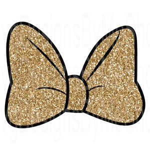 May include: A gold glitter bow with a black outline. The bow is a classic shape with two loops and a centre knot.