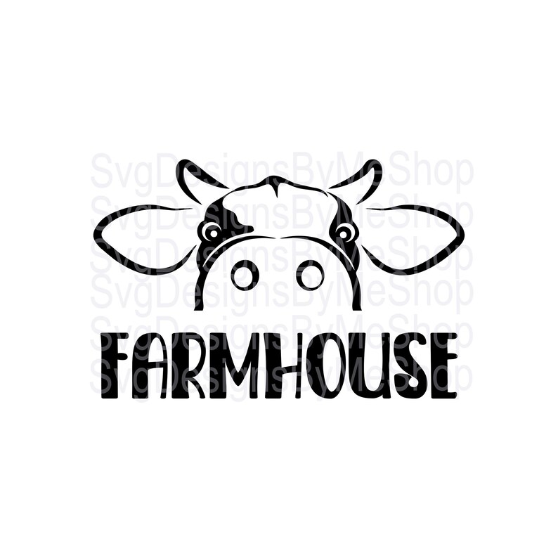K&ouml;nnte beinhalten: Schwarze und wei&szlig;e Silhouette eines Kuhkopfes, der &uuml;ber dem Text "FARMHOUSE" hervorschaut.
