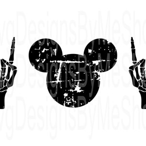 May include: Black and white silhouette of Mickey Mouse ears with a distressed texture. Two skeleton hands are on either side of the ears, each making a rock and roll hand gesture.