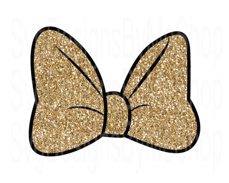 May include: A gold glitter bow with a black outline. The bow is a classic shape with two loops and a centre knot.