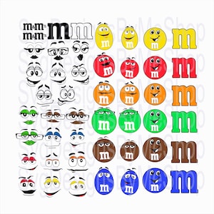 May include: A set of 30 printable images featuring various facial expressions and the M&M's logo. The images are in different colors, including yellow, red, orange, green, brown, and blue.