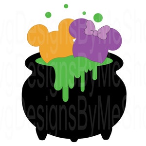 May include: A black cauldron with green slime dripping from the top. Two cartoon mouse ears are submerged in the slime, one is purple with a bow and the other is orange.