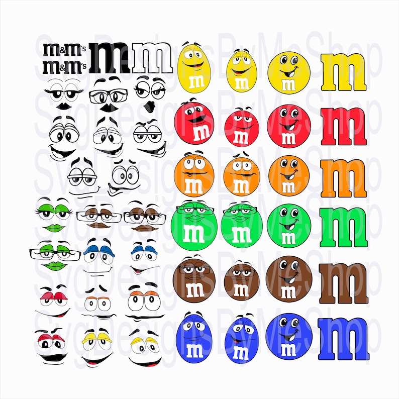 May include: A set of 25 printable images featuring various facial expressions and the M&M's logo. The images are in different colors, including yellow, red, orange, green, brown, and blue.