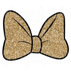 May include: A gold glitter bow with a black outline. The bow is a classic shape with two loops and a centre knot.