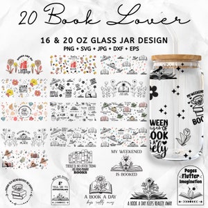20 oz Book Lover Libbey Glass Can Svg Bundle, Book Lover Libbey Glass Can Svg, Floral Book Can, Reading Book Can Svg, Glassware Svg