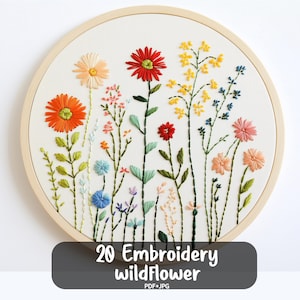 May include: Embroidery pattern for 20 different wildflowers, featuring a variety of colors and styles. The pattern is in a hoop and includes text that says "20 Embroidery Wildflower PDF+JPG".