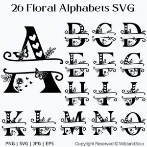 Puede incluir: Conjunto SVG de alfabeto floral negro con 26 letras, cada una adornada con mariposas, corazones y detalles florales. Las letras están en una fuente decorativa, ideal para proyectos de manualidades. Incluye el texto "26 Floral Alphabets SVG".