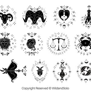 Lot de 12 signes du zodiaque SVG, svg astrologie, valeur nutritive du zodiaque svg, svg signe astrologique céleste, symboles du zodiaque svg, signe du zodiaque floral Svg
