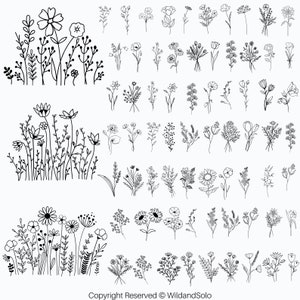 Paquete de 128 SVG de flores silvestres, SVG floral, SVG de ramo minimalista, SVG de flor de nacimiento, SVG de borde de flor, paquete de SVG floral, SVG de boceto de flor