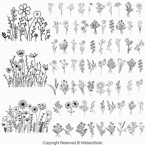 128 fleurs sauvages SVG Mega Bundle, floral svg, SVG bouquet minimaliste, fleur de naissance svg, svg bordure florale, lot de svg floral, svg esquisse de fleur