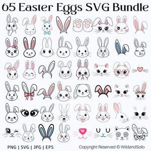 Può includere: Un pacchetto grafico digitale con 65 disegni a tema pasquale. La collezione comprende vari volti di coniglietti, orecchie di coniglio e volti di gatti in uno stile di linea in bianco e nero. Il testo "65 Easter Eggs SVG Bundle" è in alto.