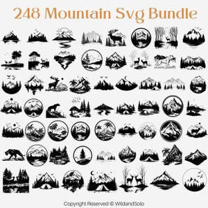 May include: A collection of 248 black and white mountain SVG designs. The designs feature mountains, trees, lakes, rivers, animals, and other nature-inspired elements. The designs are perfect for use in crafting, scrapbooking, and other creative projects.