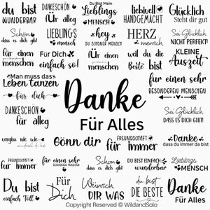 May include: A collection of black and white printable digital stamps with various German phrases, including "Danke", "Lieblings Mensch", "F&uuml;r Dich", and "Sei Gl&uuml;cklich".