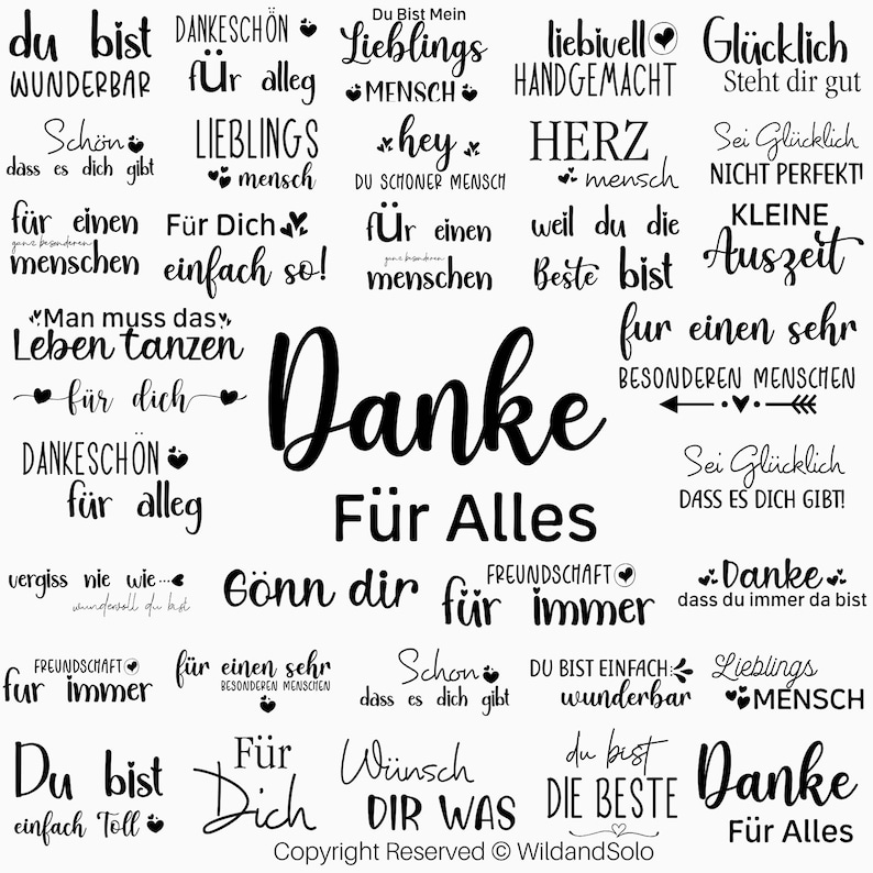 May include: A collection of black and white printable digital stamps with various German phrases, including "Danke", "Lieblings Mensch", "F&uuml;r Dich", and "Sei Gl&uuml;cklich".