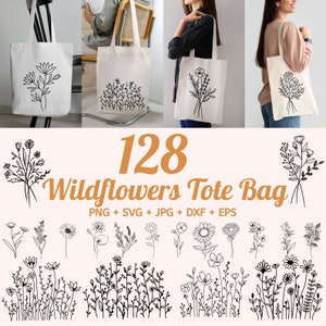 Bundle Svg de sac fourre-tout 128 fleurs sauvages, bouquet SVG, svg de bordure fleurie, lot de sac fourre-tout SVG, svg de croquis de fleurs, fleurs sauvages Glow forge Cricut