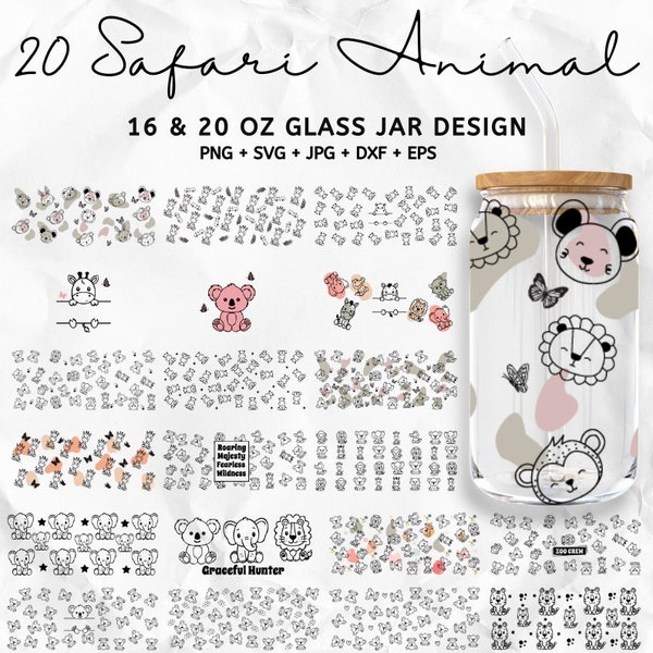 20oz Libbey Glass Safari Animals SVG Bundle, Safari animals outline SVG, Split Safari animals outline,  Jungle Zoo, Coffee Glass Wrap Svgs