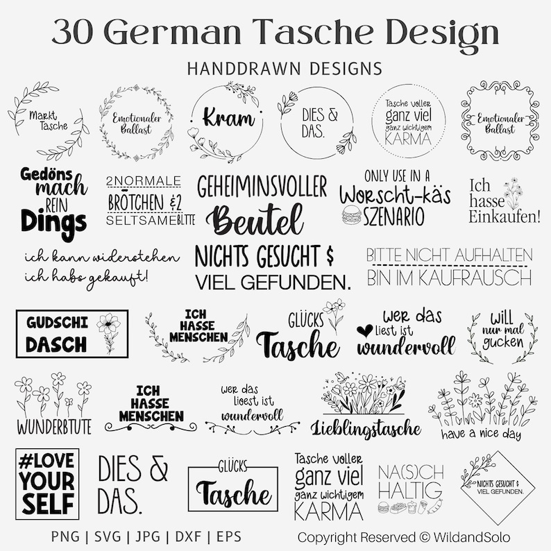 K&ouml;nnte beinhalten: Ein Schwarzwei&szlig;-Illustrationsset mit 30 deutschen S&auml;tzen zum Thema Taschen und Einkaufen. Die S&auml;tze beinhalten "Tasche voller Karma", "Worscht-k&auml;s Szenario", "Ich hasse Einkaufen!" und "Lieblingstasche".