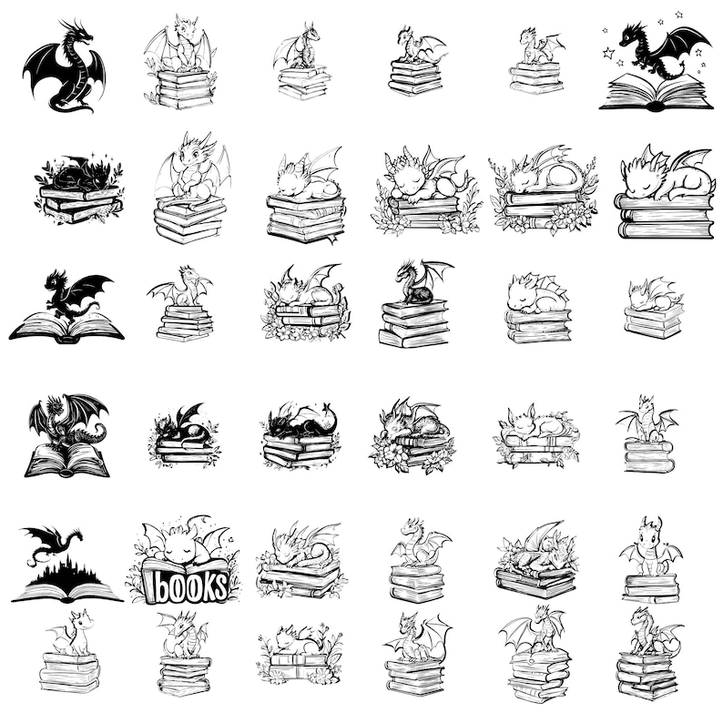 K&ouml;nnte beinhalten: Eine Sammlung von Schwarzwei&szlig;illustrationen mit Drachen und B&uuml;cherstapeln. Die Drachen sind in verschiedenen Posen dargestellt, darunter fliegend, schlafend und auf B&uuml;chern sitzend. Der Text "BOOKS" ist in einer der Illustrationen sichtbar.
