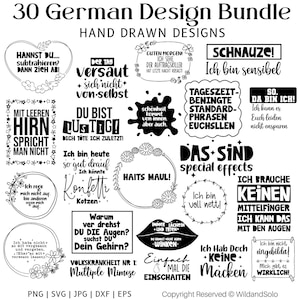 Puede incluir: Un conjunto de 30 diseños alemanes, dibujados a mano en blanco y negro. Los diseños incluyen frases y citas, con elementos florales y decorativos. Disponible en formatos PNG, SVG, JPG, DXF y EPS.