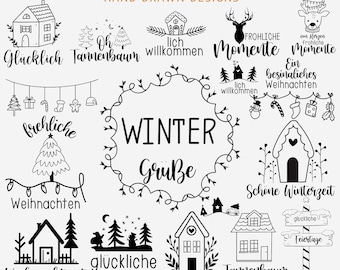 May include: A set of 14 black and white hand-drawn Christmas illustrations. The illustrations include a variety of winter and Christmas themes, such as houses, trees, wreaths, and text. The text includes phrases like "Winter Grüße", "Glücklich", "Frohliche Momente", and "Tannenbaum".
