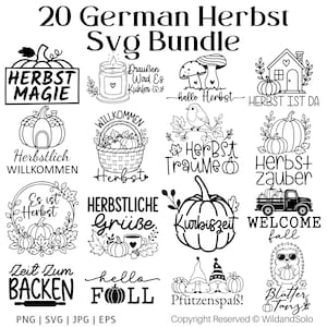 Op de afbeelding: Een digitale collectie van 20 zwart-wit herfstontwerpen met pompoenen, paddenstoelen, kabouters en bladeren. De tekst bevat onder andere 20 German Herbst Svg Bundle, Herbst Magie, Willkommen Herbst en Blätter Tanz.